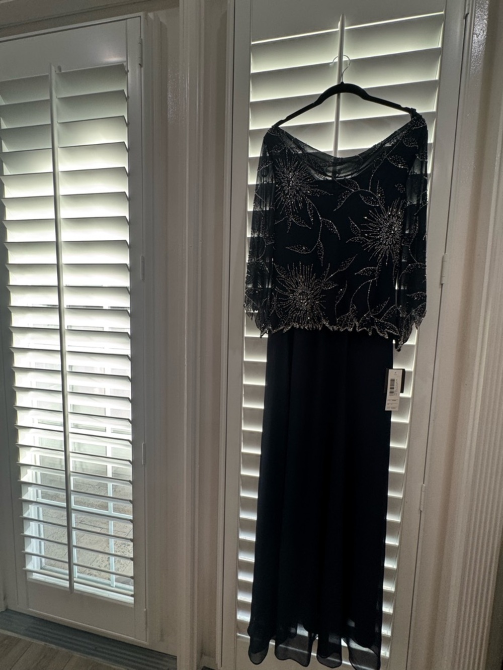 JKARA Navy Beaded Gown Size 6 NWT | Sheer Cape Overlay Formal Evening Dress